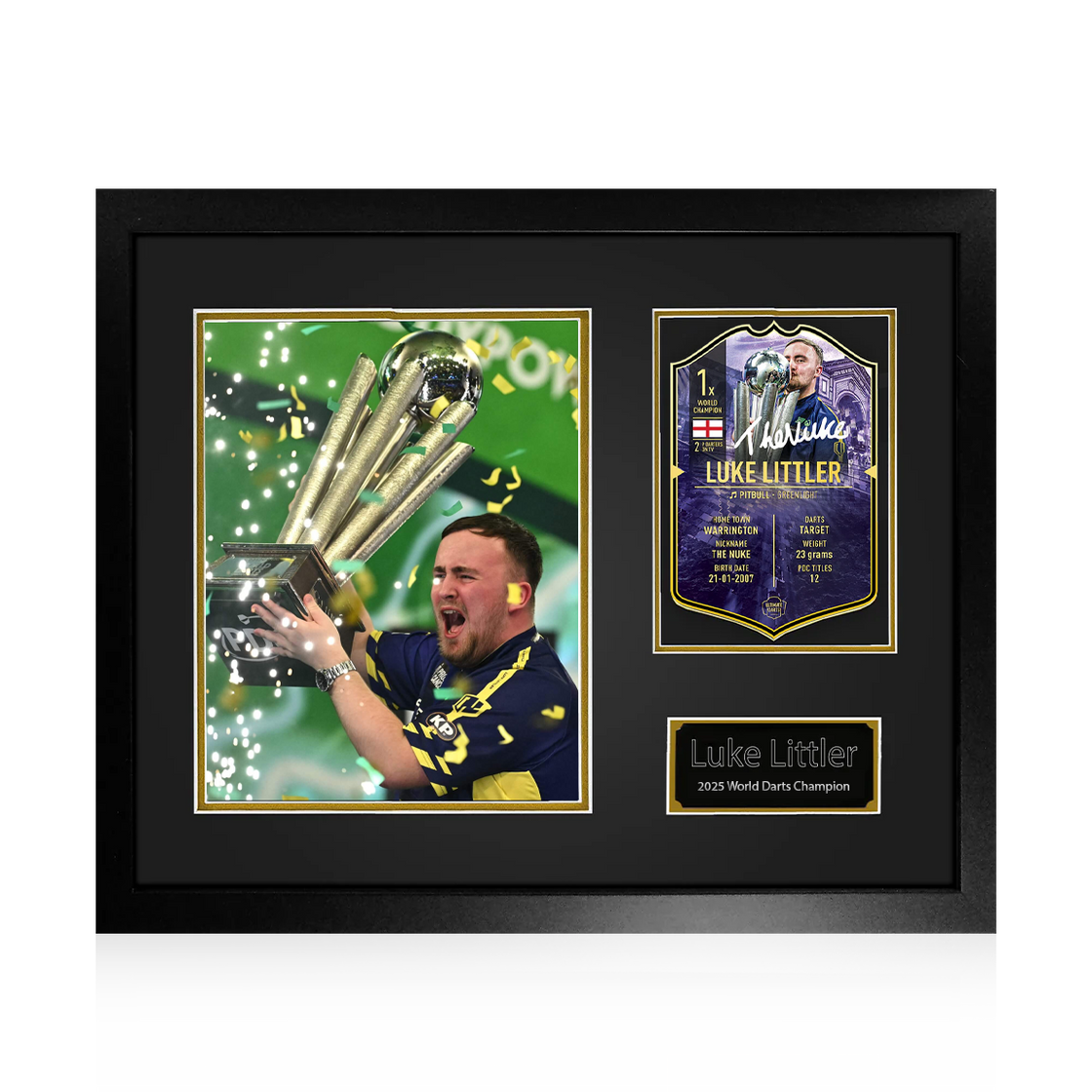 Pre-Order Luke Littler Signed Ultimate Darts World Champion Card Deluxe Mount Frame